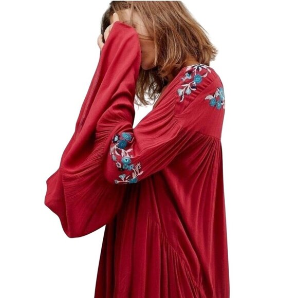 Free People Te Amo Embroidered Flare Sleeve V Neck Babydoll Swing Dress Size M - Picture 4 of 13